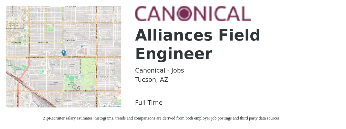 Canonical - Jobs job posting for a Alliances Field Engineer in Tucson, AZ with a salary of $70,000 to $109,200 Yearly with a map of Tucson location.