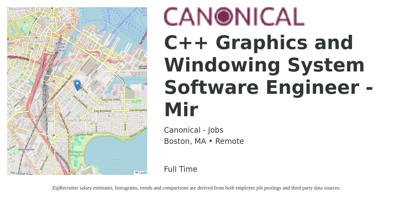 Canonical - Jobs job posting for a C++ Graphics and Windowing System Software Engineer - Mir in Boston, MA with a salary of $106,500 to $157,000 Yearly with a map of Boston location.