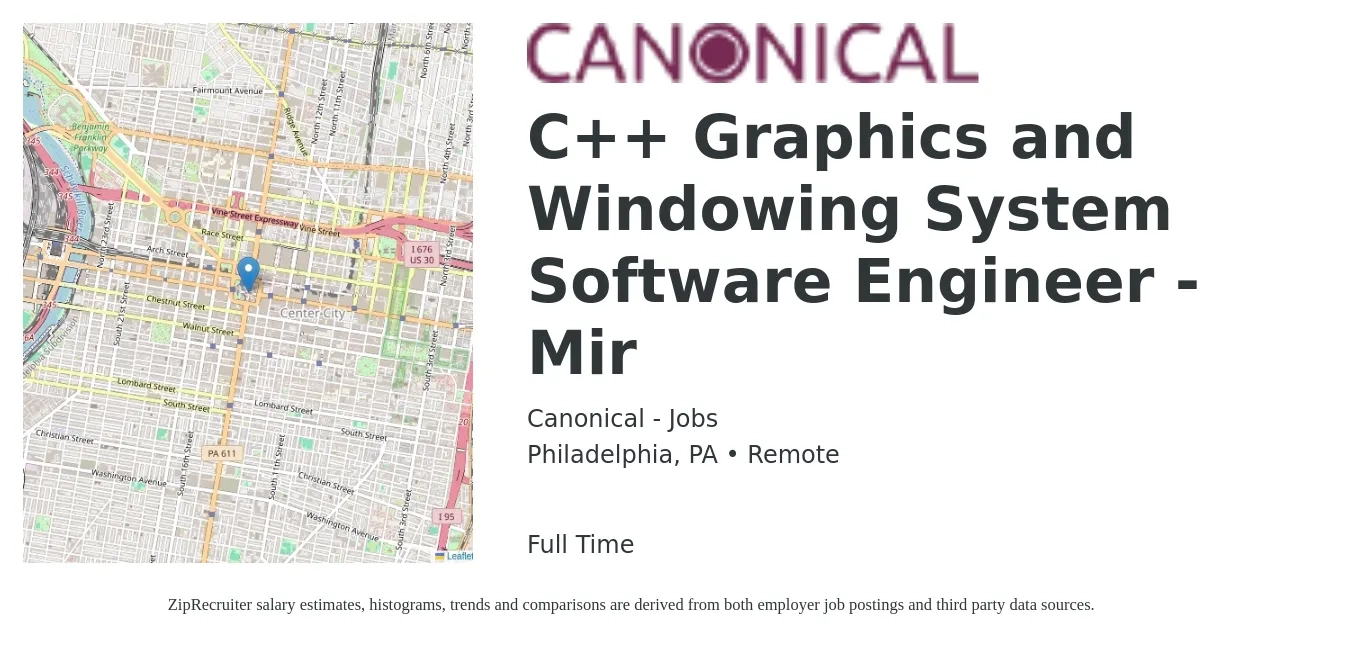 Canonical - Jobs job posting for a C++ Graphics and Windowing System Software Engineer - Mir in Philadelphia, PA with a salary of $98,900 to $145,800 Yearly with a map of Philadelphia location.