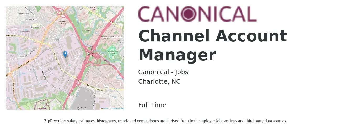 Canonical - Jobs job posting for a Channel Account Manager in Charlotte, NC with a salary of $68,400 to $86,900 Yearly with a map of Charlotte location.