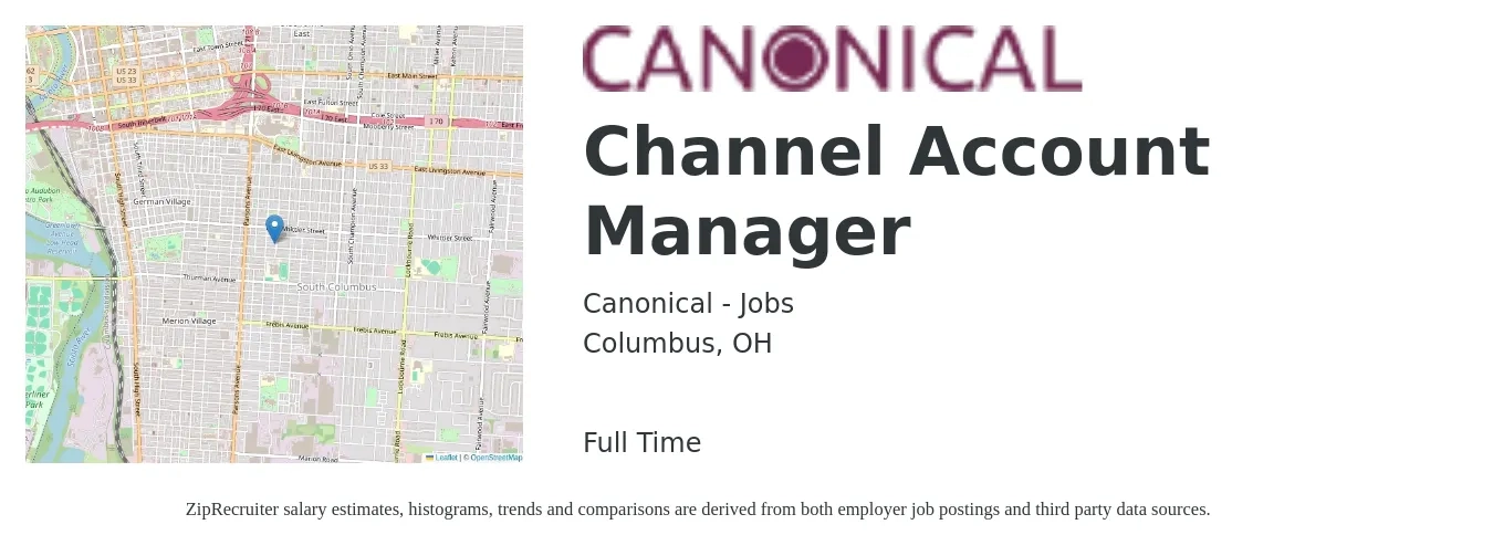 Canonical - Jobs job posting for a Channel Account Manager in Columbus, OH with a salary of $67,600 to $86,000 Yearly with a map of Columbus location.