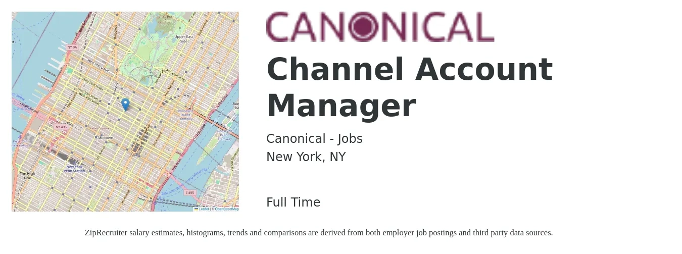 Canonical - Jobs job posting for a Channel Account Manager in New York, NY with a salary of $76,600 to $97,400 Yearly with a map of New York location.