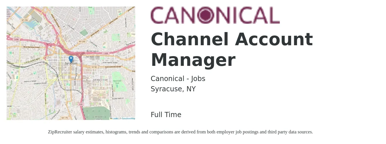 Canonical - Jobs job posting for a Channel Account Manager in Syracuse, NY with a salary of $69,200 to $87,900 Yearly with a map of Syracuse location.