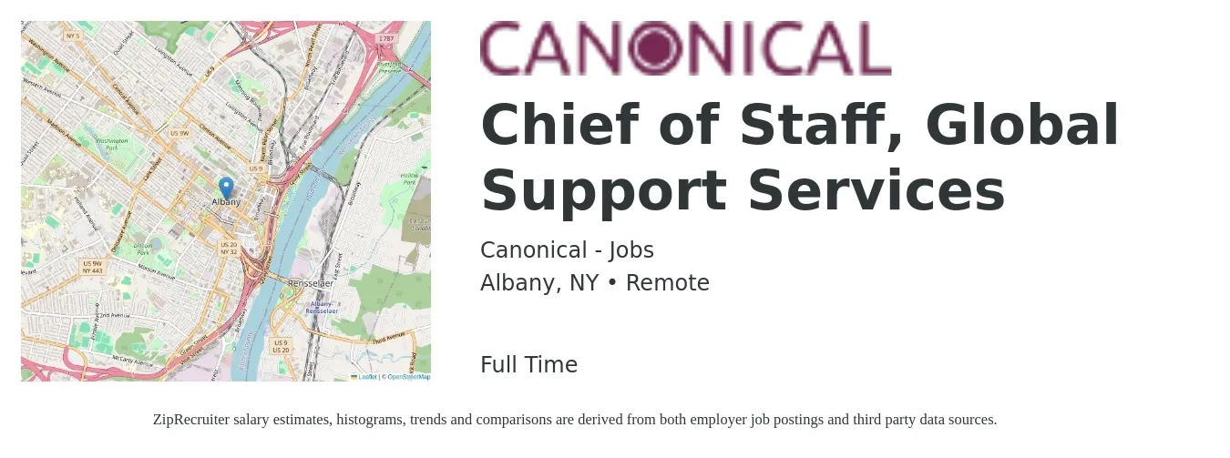 Canonical - Jobs job posting for a Chief of Staff, Global Support Services in Albany, NY with a salary of $92,300 to $145,000 Yearly with a map of Albany location.