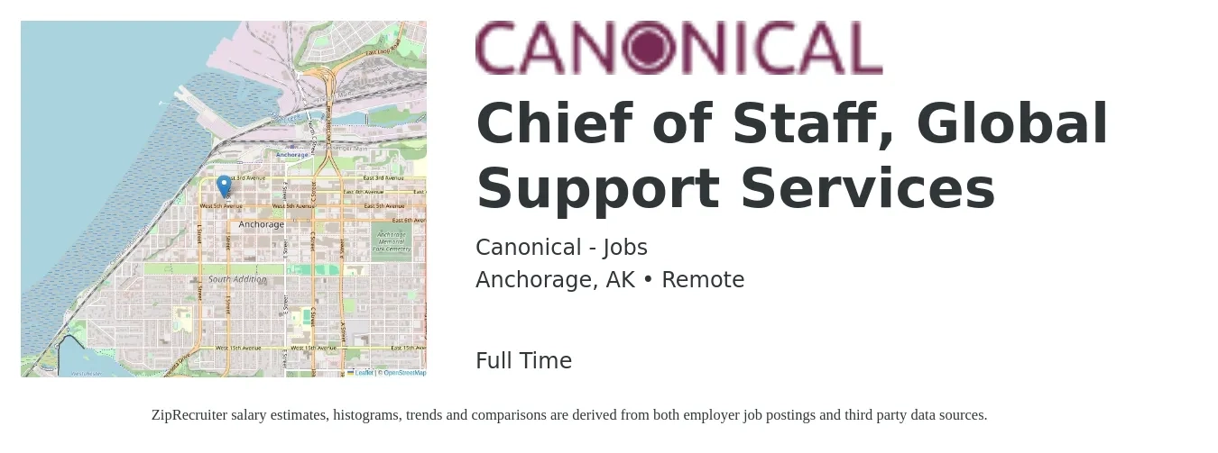 Canonical - Jobs job posting for a Chief of Staff, Global Support Services in Anchorage, AK with a salary of $95,000 to $149,200 Yearly with a map of Anchorage location.