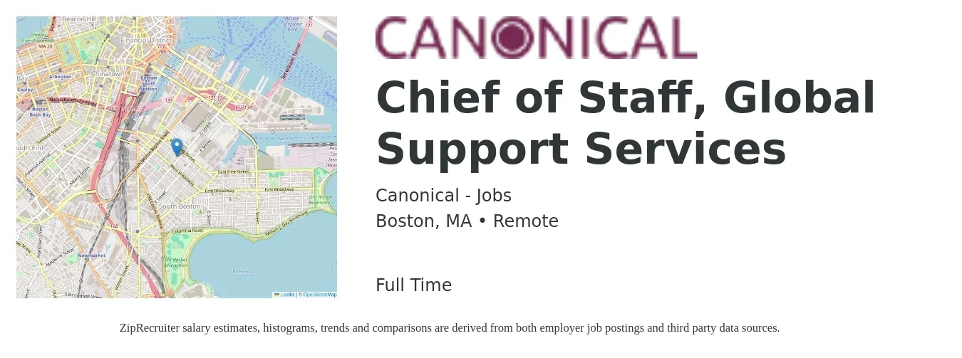 Canonical - Jobs job posting for a Chief of Staff, Global Support Services in Boston, MA with a salary of $101,000 to $158,600 Yearly with a map of Boston location.