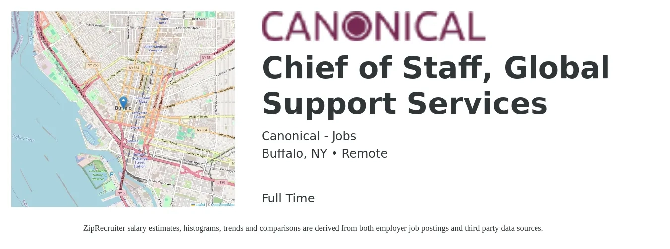 Canonical - Jobs job posting for a Chief of Staff, Global Support Services in Buffalo, NY with a salary of $90,100 to $141,400 Yearly with a map of Buffalo location.