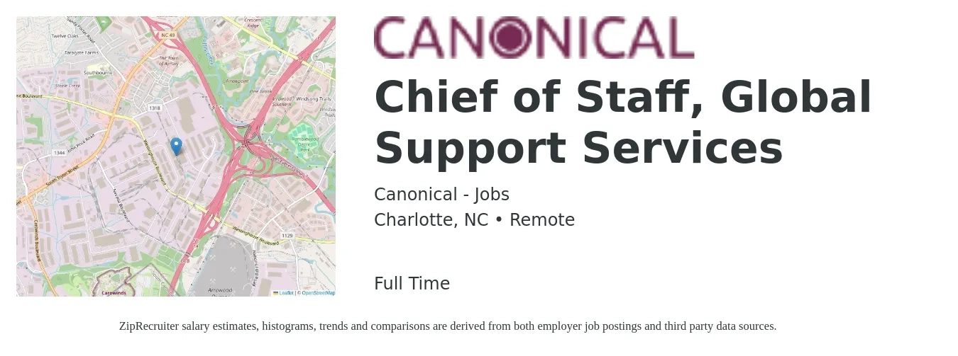 Canonical - Jobs job posting for a Chief of Staff, Global Support Services in Charlotte, NC with a salary of $90,800 to $142,600 Yearly with a map of Charlotte location.