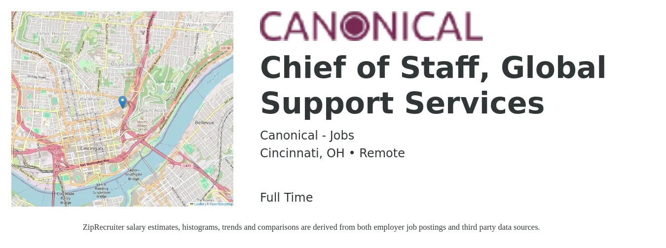 Canonical - Jobs job posting for a Chief of Staff, Global Support Services in Cincinnati, OH with a salary of $89,200 to $140,100 Yearly with a map of Cincinnati location.