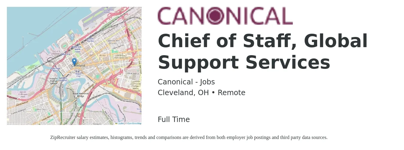 Canonical - Jobs job posting for a Chief of Staff, Global Support Services in Cleveland, OH with a salary of $90,200 to $141,600 Yearly with a map of Cleveland location.