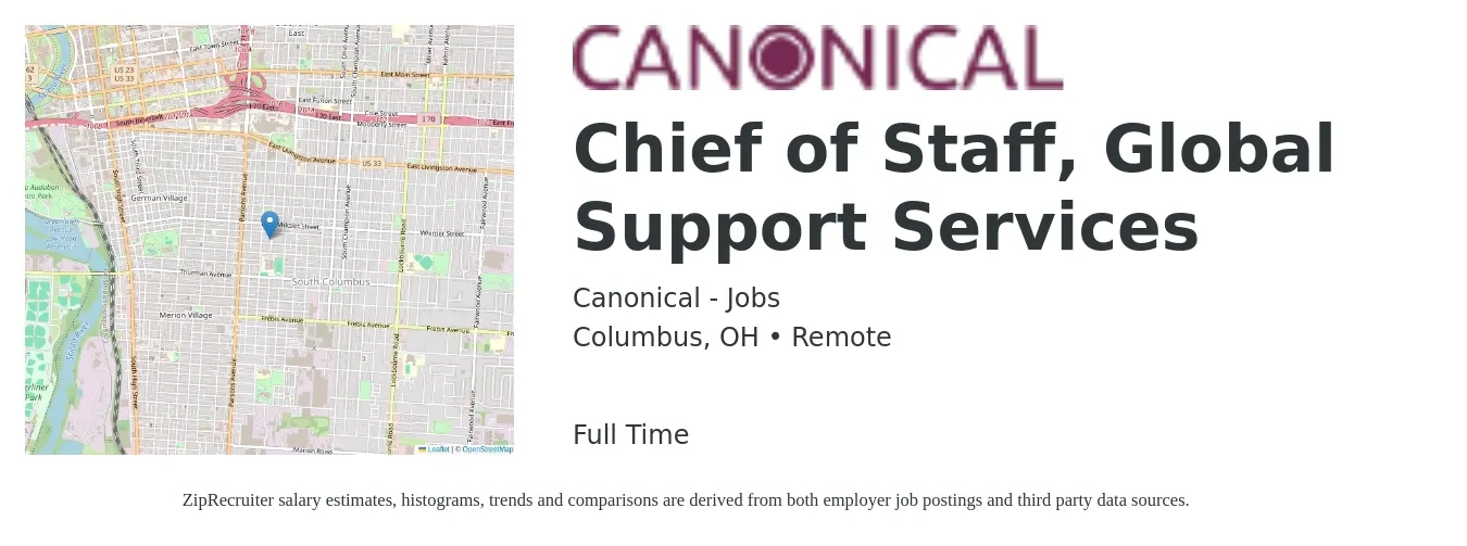 Canonical - Jobs job posting for a Chief of Staff, Global Support Services in Columbus, OH with a salary of $89,800 to $141,000 Yearly with a map of Columbus location.