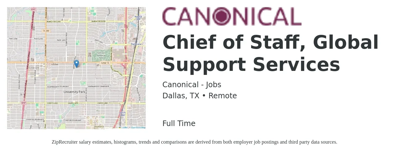 Canonical - Jobs job posting for a Chief of Staff, Global Support Services in Dallas, TX with a salary of $92,000 to $144,400 Yearly with a map of Dallas location.