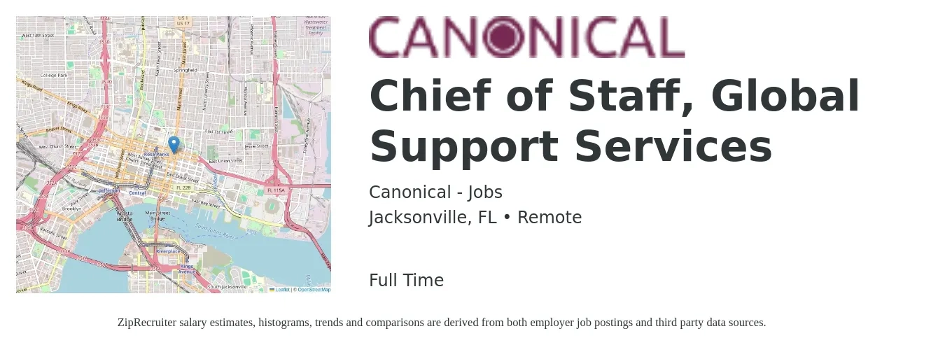 Canonical - Jobs job posting for a Chief of Staff, Global Support Services in Jacksonville, FL with a salary of $86,200 to $135,300 Yearly with a map of Jacksonville location.