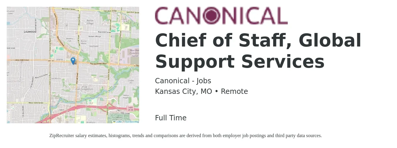 Canonical - Jobs job posting for a Chief of Staff, Global Support Services in Kansas City, MO with a salary of $90,800 to $142,500 Yearly with a map of Kansas City location.