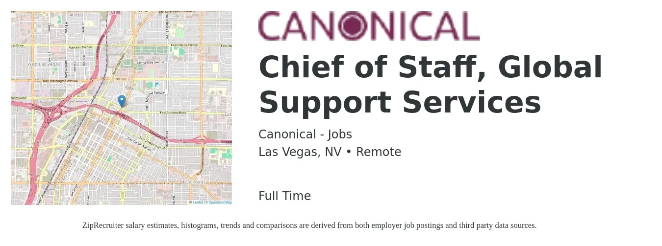 Canonical - Jobs job posting for a Chief of Staff, Global Support Services in Las Vegas, NV with a salary of $88,800 to $139,400 Yearly with a map of Las Vegas location.