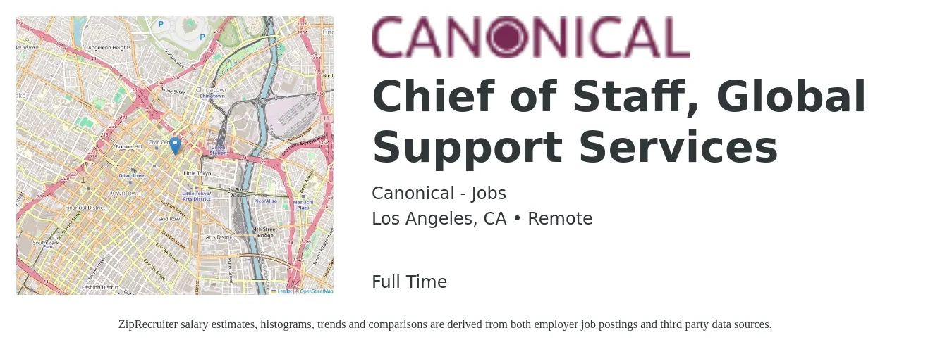 Canonical - Jobs job posting for a Chief of Staff, Global Support Services in Los Angeles, CA with a salary of $100,200 to $157,300 Yearly with a map of Los Angeles location.