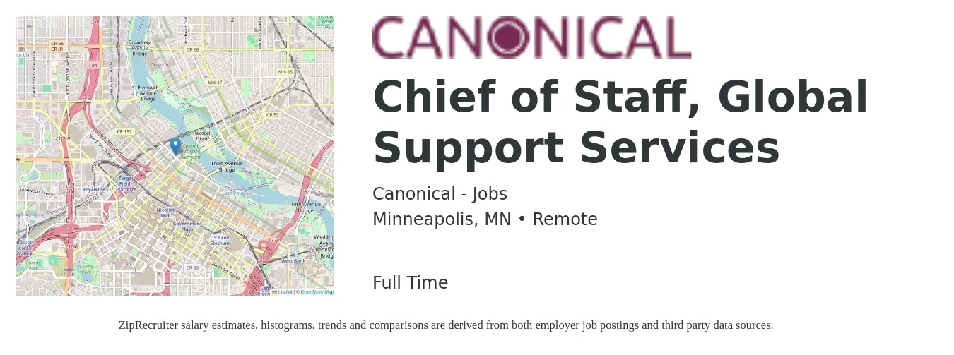 Canonical - Jobs job posting for a Chief of Staff, Global Support Services in Minneapolis, MN with a salary of $97,100 to $152,400 Yearly with a map of Minneapolis location.