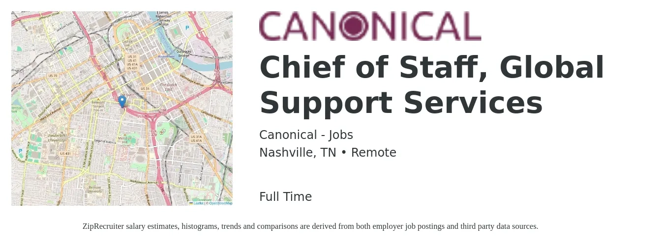 Canonical - Jobs job posting for a Chief of Staff, Global Support Services in Nashville, TN with a salary of $89,800 to $141,000 Yearly with a map of Nashville location.