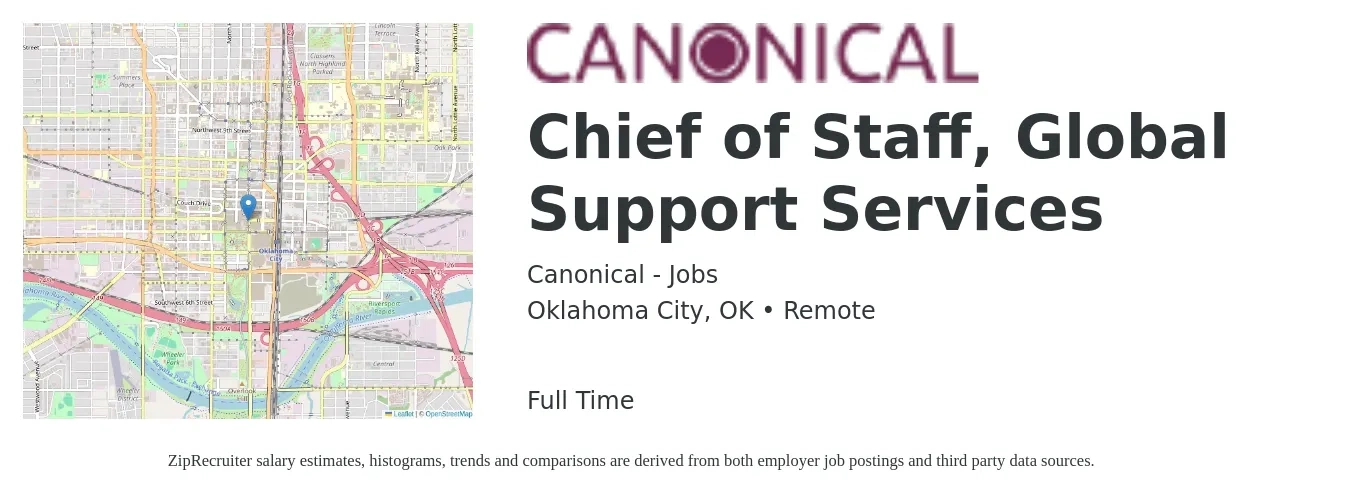Canonical - Jobs job posting for a Chief of Staff, Global Support Services in Oklahoma City, OK with a salary of $86,400 to $135,600 Yearly with a map of Oklahoma City location.