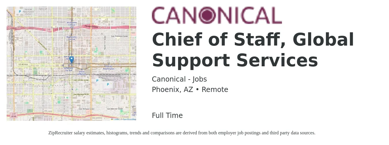 Canonical - Jobs job posting for a Chief of Staff, Global Support Services in Phoenix, AZ with a salary of $92,300 to $145,000 Yearly with a map of Phoenix location.