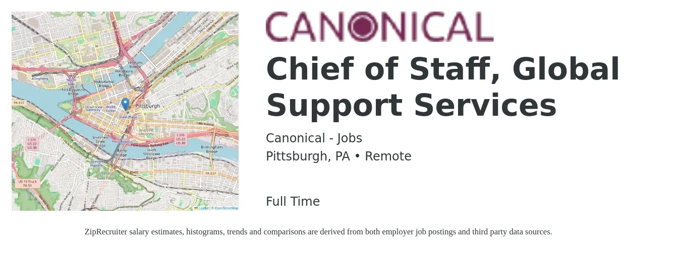 Canonical - Jobs job posting for a Chief of Staff, Global Support Services in Pittsburgh, PA with a salary of $90,300 to $141,700 Yearly with a map of Pittsburgh location.