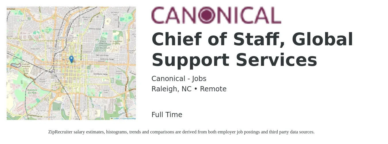 Canonical - Jobs job posting for a Chief of Staff, Global Support Services in Raleigh, NC with a salary of $90,400 to $141,900 Yearly with a map of Raleigh location.