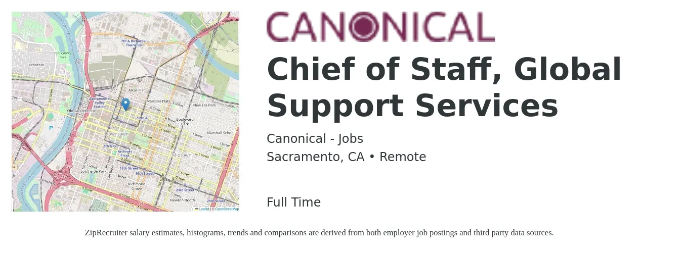 Canonical - Jobs job posting for a Chief of Staff, Global Support Services in Sacramento, CA with a salary of $99,200 to $155,700 Yearly with a map of Sacramento location.