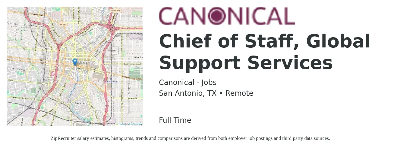 Canonical - Jobs job posting for a Chief of Staff, Global Support Services in San Antonio, TX with a salary of $83,900 to $131,700 Yearly with a map of San Antonio location.