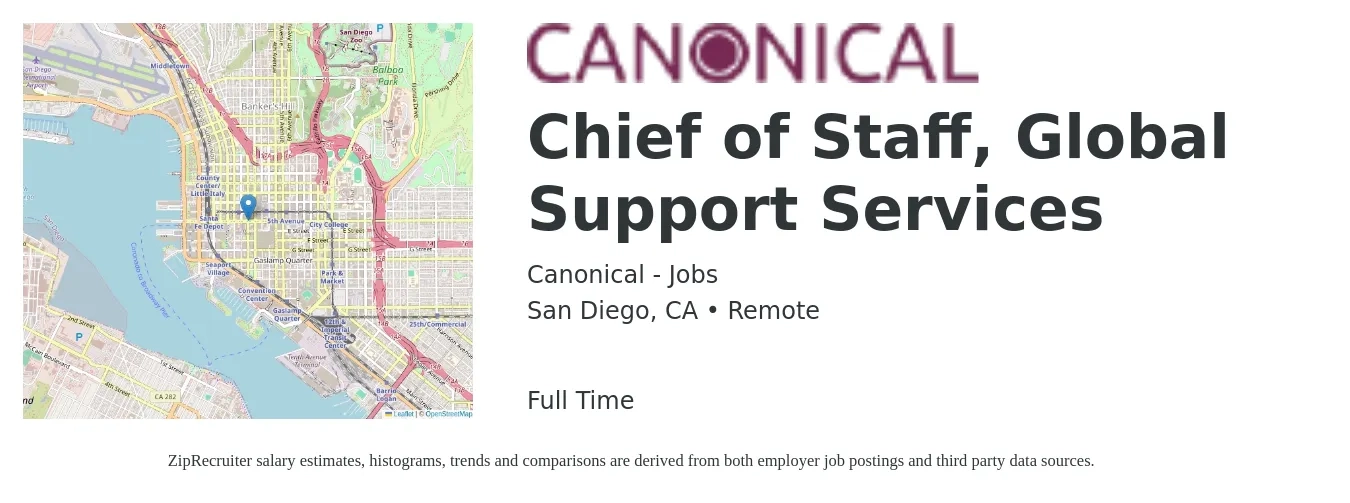 Canonical - Jobs job posting for a Chief of Staff, Global Support Services in San Diego, CA with a salary of $98,700 to $155,000 Yearly with a map of San Diego location.