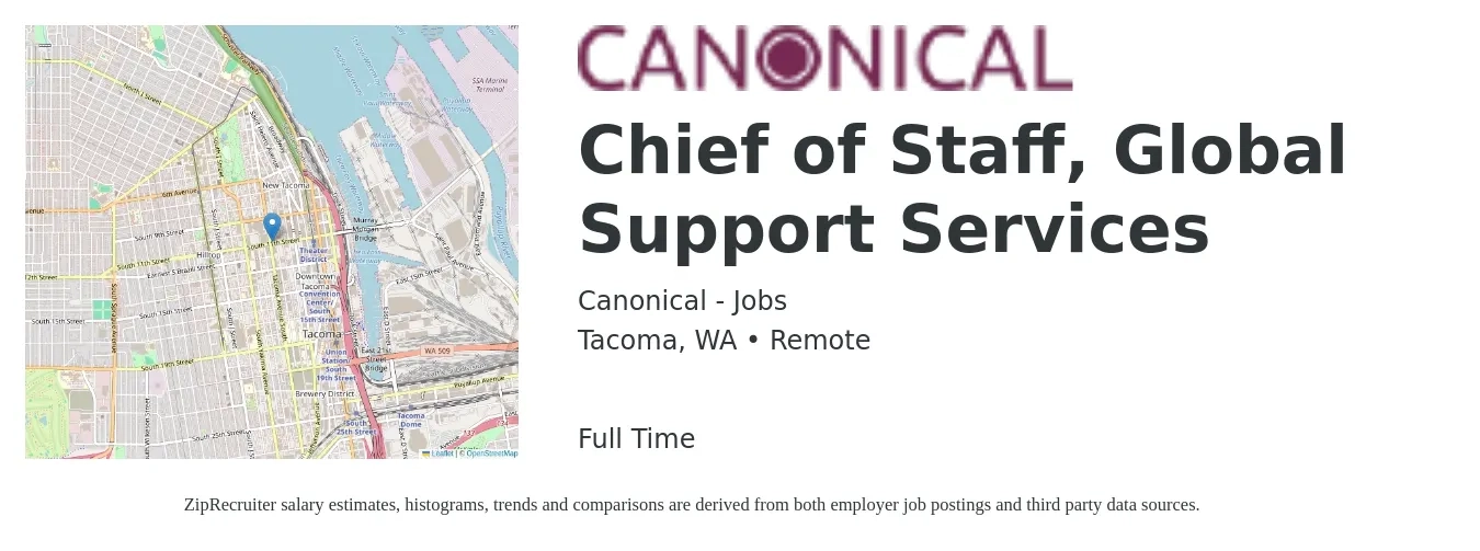 Canonical - Jobs job posting for a Chief of Staff, Global Support Services in Tacoma, WA with a salary of $99,900 to $156,800 Yearly with a map of Tacoma location.