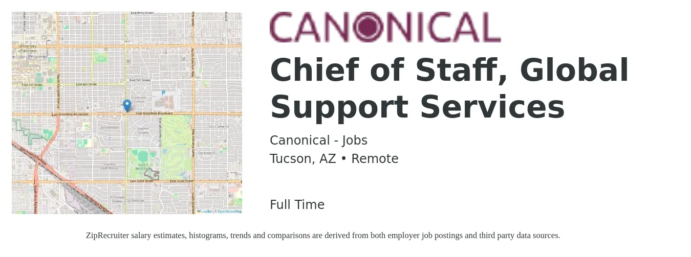 Canonical - Jobs job posting for a Chief of Staff, Global Support Services in Tucson, AZ with a salary of $87,900 to $138,000 Yearly with a map of Tucson location.