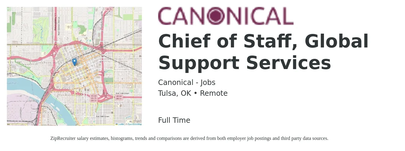 Canonical - Jobs job posting for a Chief of Staff, Global Support Services in Tulsa, OK with a salary of $84,900 to $133,400 Yearly with a map of Tulsa location.