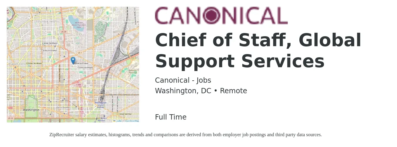 Canonical - Jobs job posting for a Chief of Staff, Global Support Services in Washington, DC with a salary of $105,300 to $165,400 Yearly with a map of Washington location.
