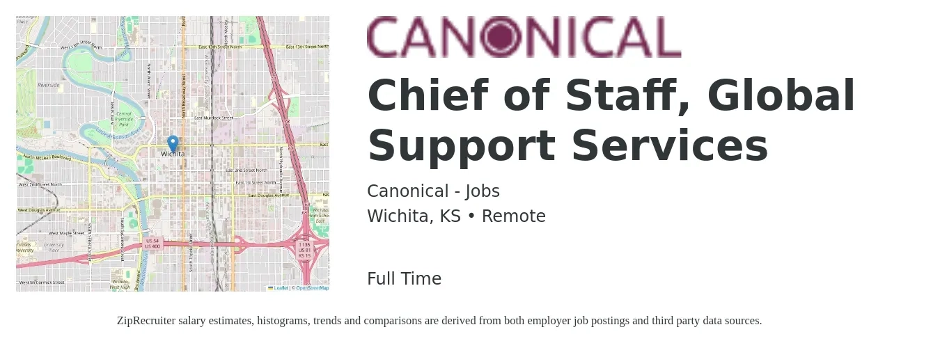 Canonical - Jobs job posting for a Chief of Staff, Global Support Services in Wichita, KS with a salary of $83,200 to $130,600 Yearly with a map of Wichita location.