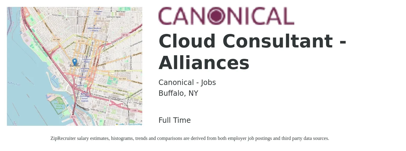 Canonical - Jobs job posting for a Cloud Consultant - Alliances in Buffalo, NY with a salary of $57 to $77 Hourly with a map of Buffalo location.