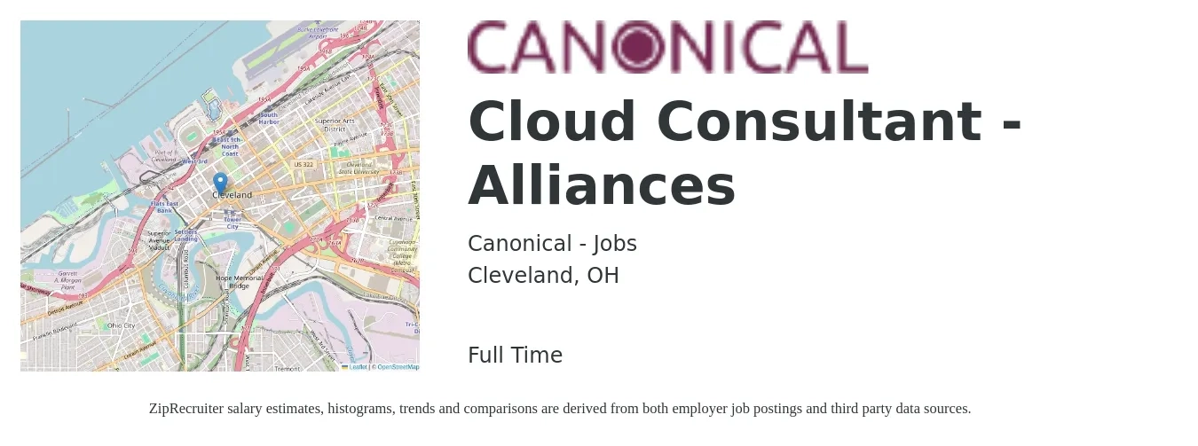 Canonical - Jobs job posting for a Cloud Consultant - Alliances in Cleveland, OH with a salary of $57 to $77 Hourly with a map of Cleveland location.