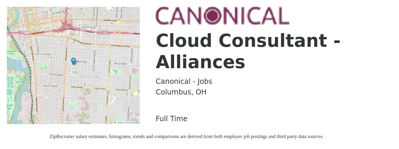 Canonical - Jobs job posting for a Cloud Consultant - Alliances in Columbus, OH with a salary of $56 to $77 Hourly with a map of Columbus location.