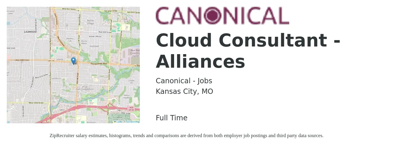 Canonical - Jobs job posting for a Cloud Consultant - Alliances in Kansas City, MO with a salary of $57 to $78 Hourly with a map of Kansas City location.