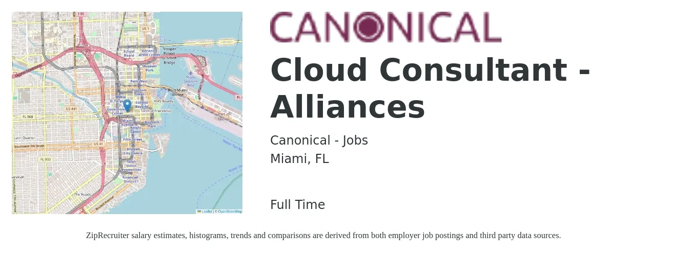 Canonical - Jobs job posting for a Cloud Consultant - Alliances in Miami, FL with a salary of $56 to $76 Hourly with a map of Miami location.