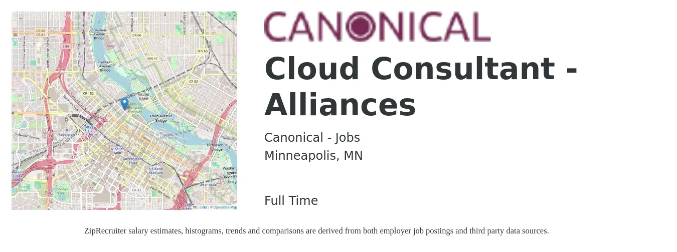 Canonical - Jobs job posting for a Cloud Consultant - Alliances in Minneapolis, MN with a salary of $61 to $83 Hourly with a map of Minneapolis location.