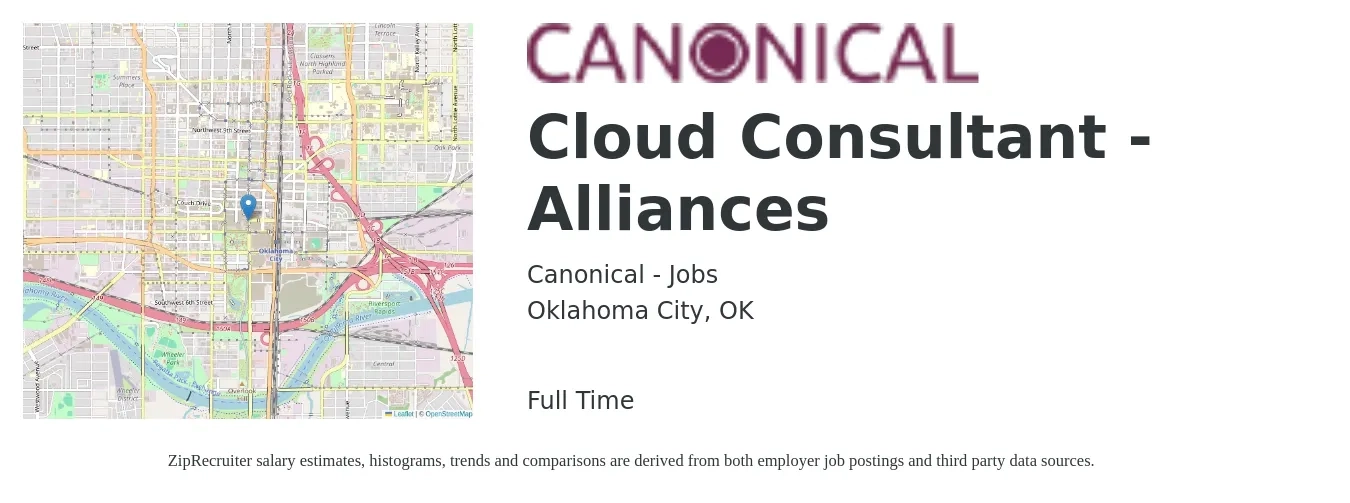 Canonical - Jobs job posting for a Cloud Consultant - Alliances in Oklahoma City, OK with a salary of $54 to $74 Hourly with a map of Oklahoma City location.