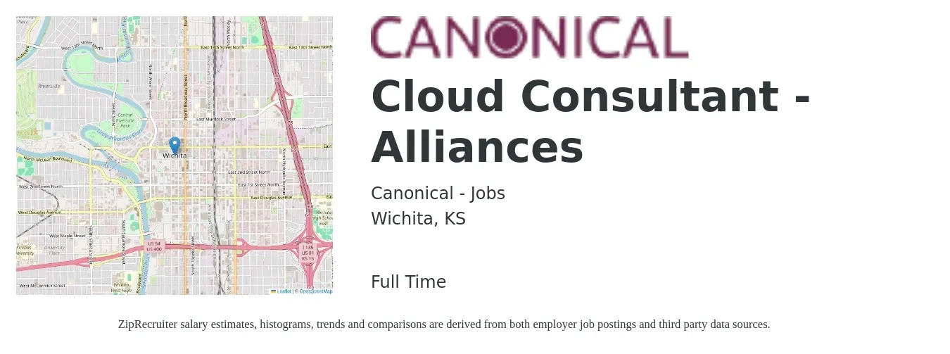 Canonical - Jobs job posting for a Cloud Consultant - Alliances in Wichita, KS with a salary of $52 to $71 Hourly with a map of Wichita location.