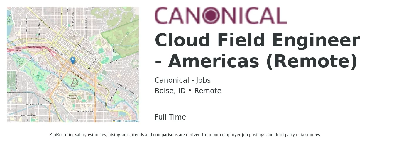 Canonical - Jobs job posting for a Cloud Field Engineer - Americas (Remote) in Boise, ID with a salary of $53 to $71 Hourly with a map of Boise location.