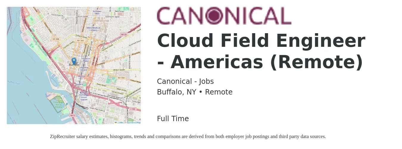 Canonical - Jobs job posting for a Cloud Field Engineer - Americas (Remote) in Buffalo, NY with a salary of $54 to $72 Hourly with a map of Buffalo location.