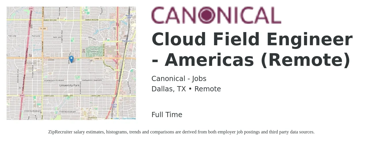 Canonical - Jobs job posting for a Cloud Field Engineer - Americas (Remote) in Dallas, TX with a salary of $55 to $74 Hourly with a map of Dallas location.