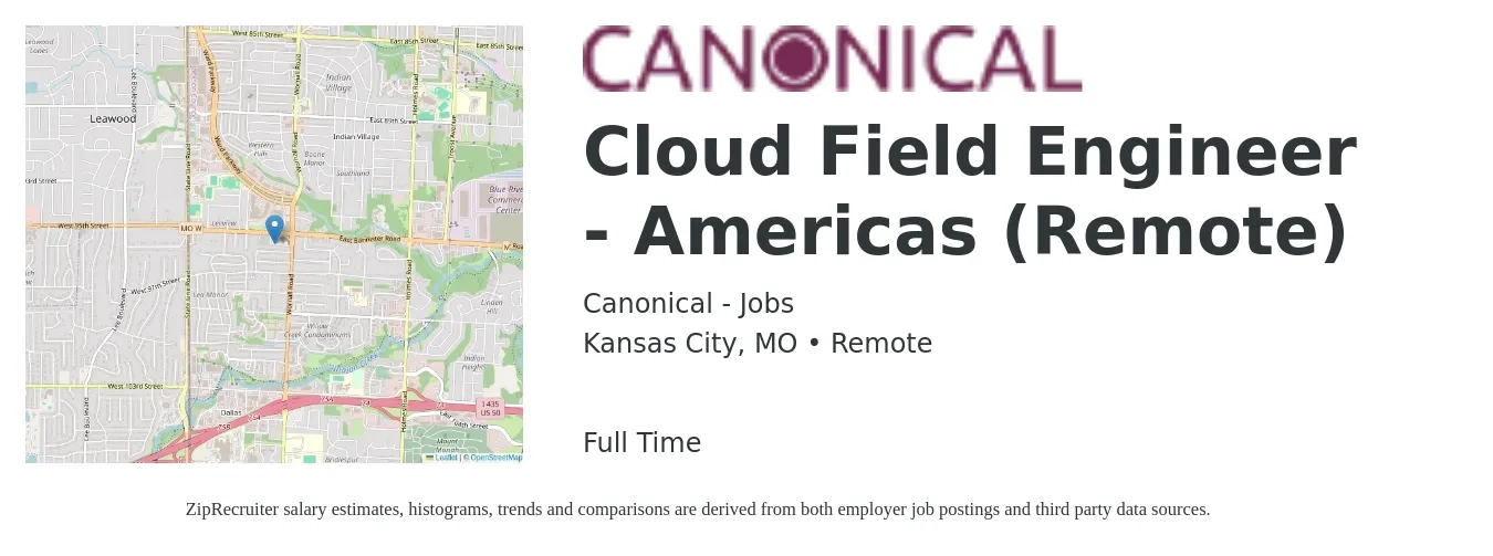 Canonical - Jobs job posting for a Cloud Field Engineer - Americas (Remote) in Kansas City, MO with a salary of $54 to $73 Hourly with a map of Kansas City location.