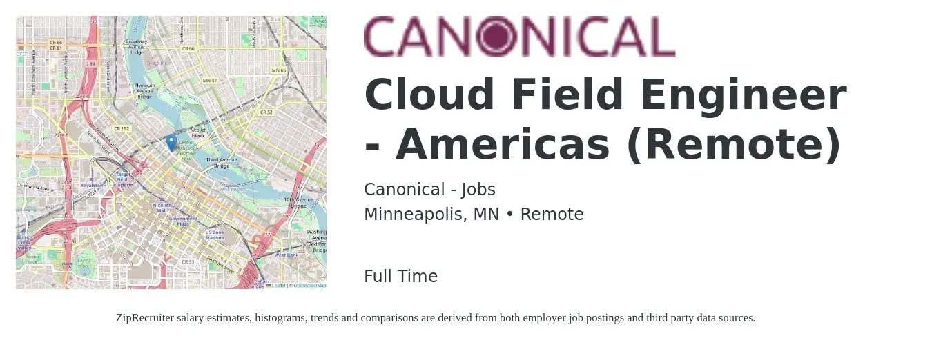 Canonical - Jobs job posting for a Cloud Field Engineer - Americas (Remote) in Minneapolis, MN with a salary of $58 to $78 Hourly with a map of Minneapolis location.