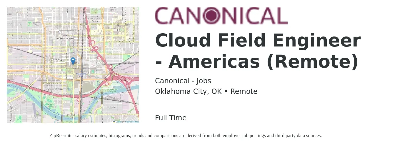 Canonical - Jobs job posting for a Cloud Field Engineer - Americas (Remote) in Oklahoma City, OK with a salary of $52 to $69 Hourly with a map of Oklahoma City location.