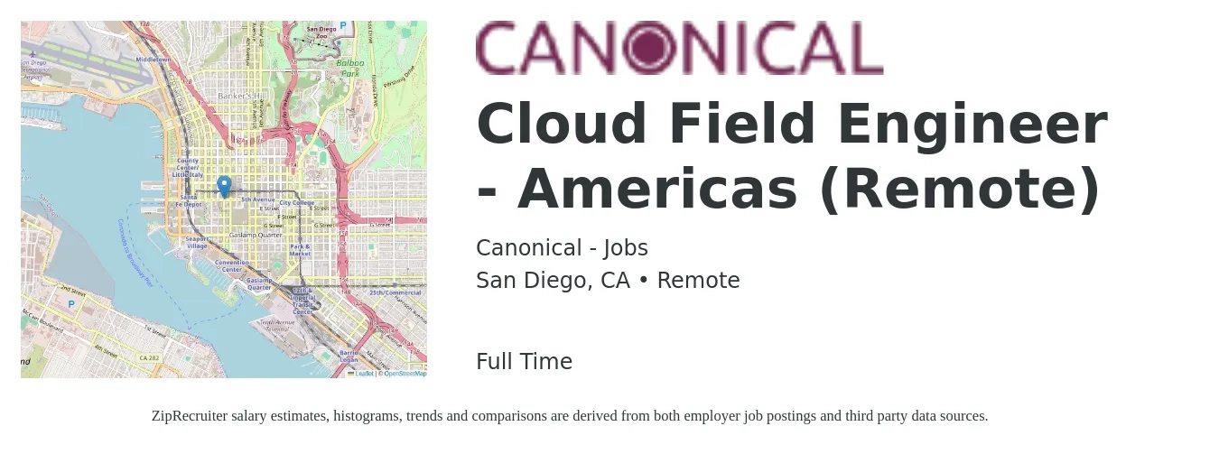 Canonical - Jobs job posting for a Cloud Field Engineer - Americas (Remote) in San Diego, CA with a salary of $59 to $79 Hourly with a map of San Diego location.