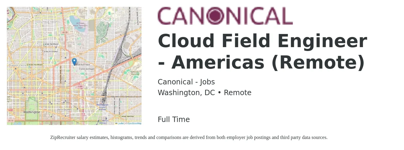 Canonical - Jobs job posting for a Cloud Field Engineer - Americas (Remote) in Washington, DC with a salary of $63 to $84 Hourly with a map of Washington location.
